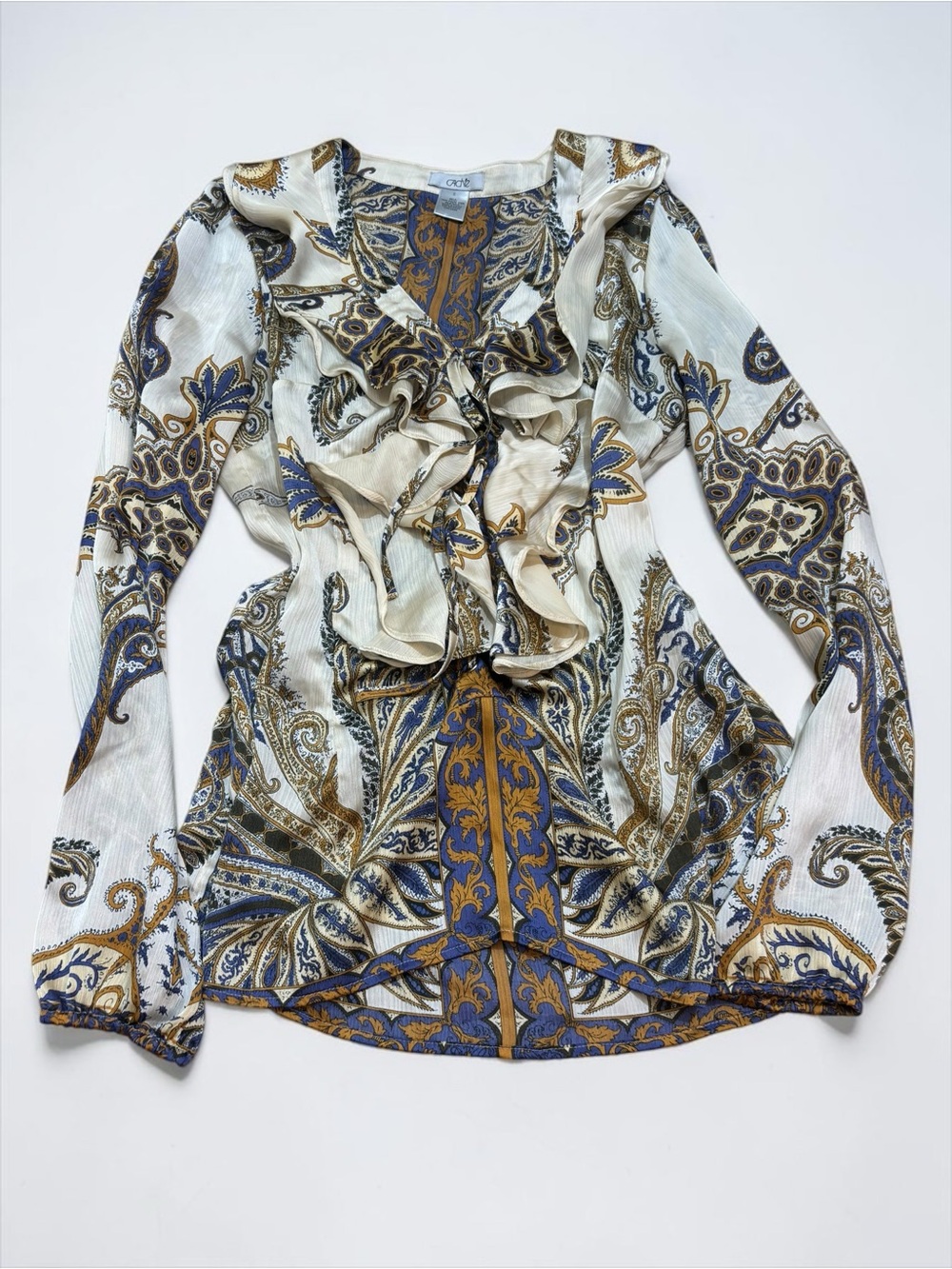 Y2K Cache Paisley Ruffle Blouse Small Boho Romantic Peasant Top S